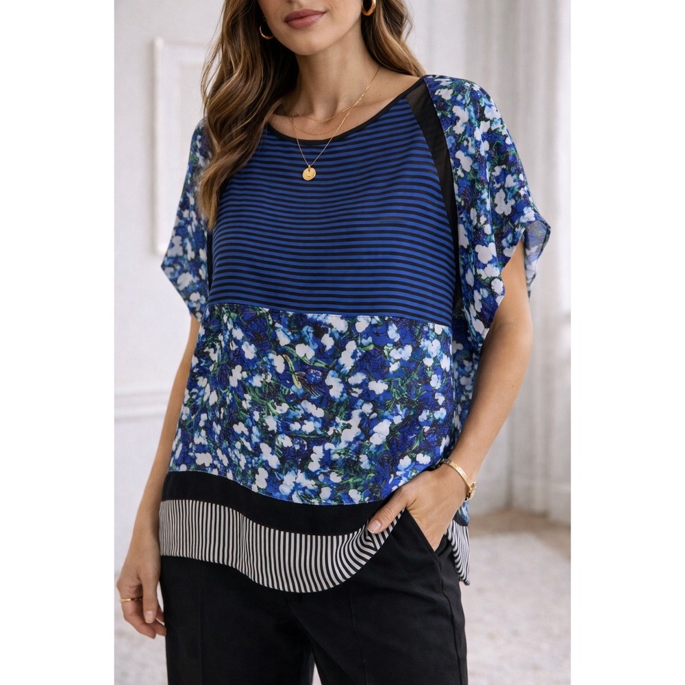 Diane Von Furstenberg DVF Silk Blouse Blue Floral Stripe Sheer Panel L